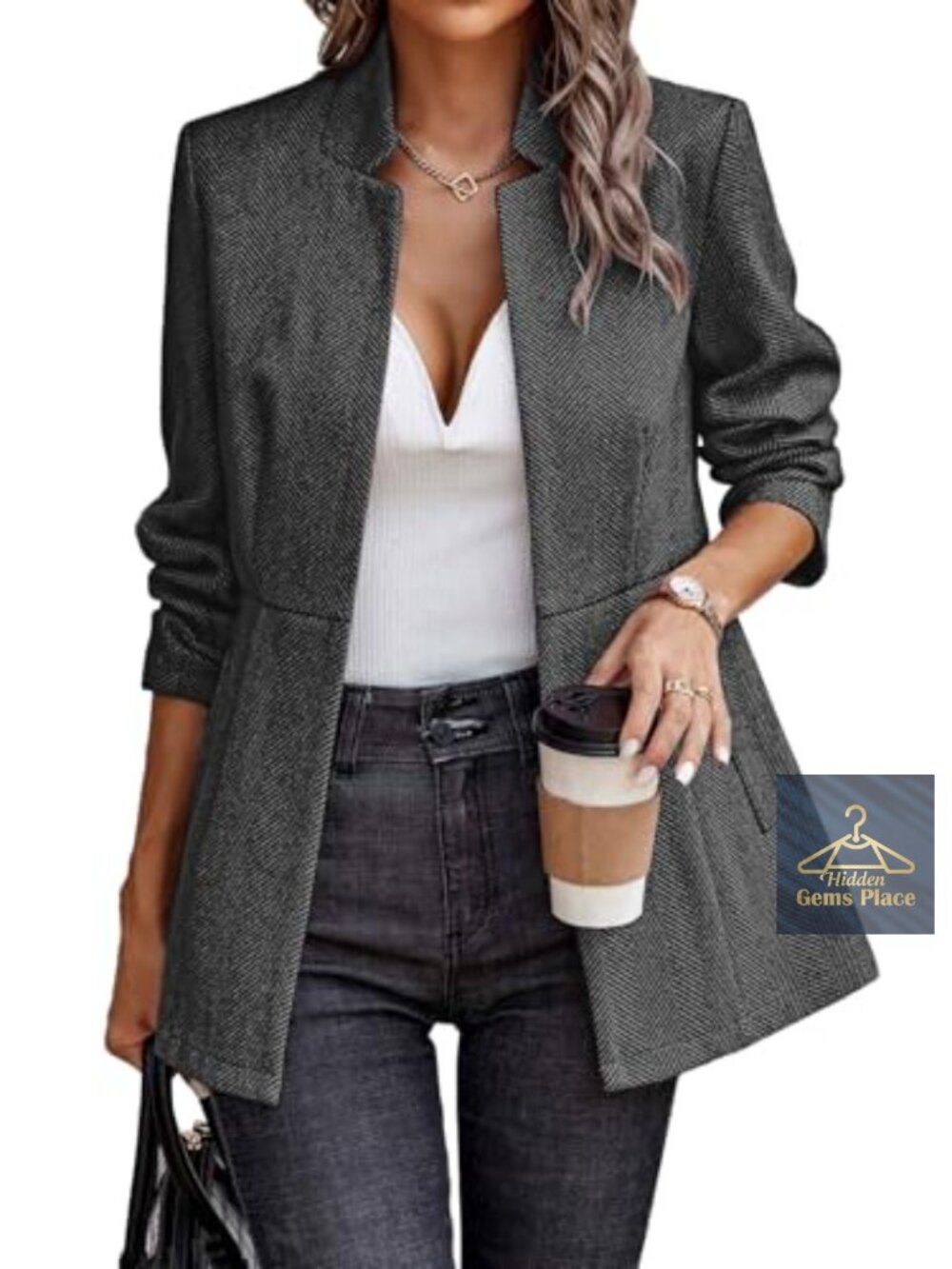 Women's Open Front Herringbone Blazer Long Sleeve Work Jacket Full Lining